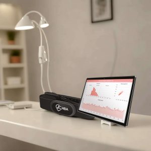 Home HRVA: Heart rate variability assessment device with tablet displaying data.