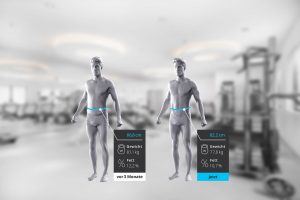 Körperanalyse: Body analysis showing weight and fat percentage change over 3 months. Fitness progress tracking.