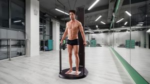 Scaneca Body Scan: Man using body analysis machine in gym. Fitness assessment for body composition and shape.