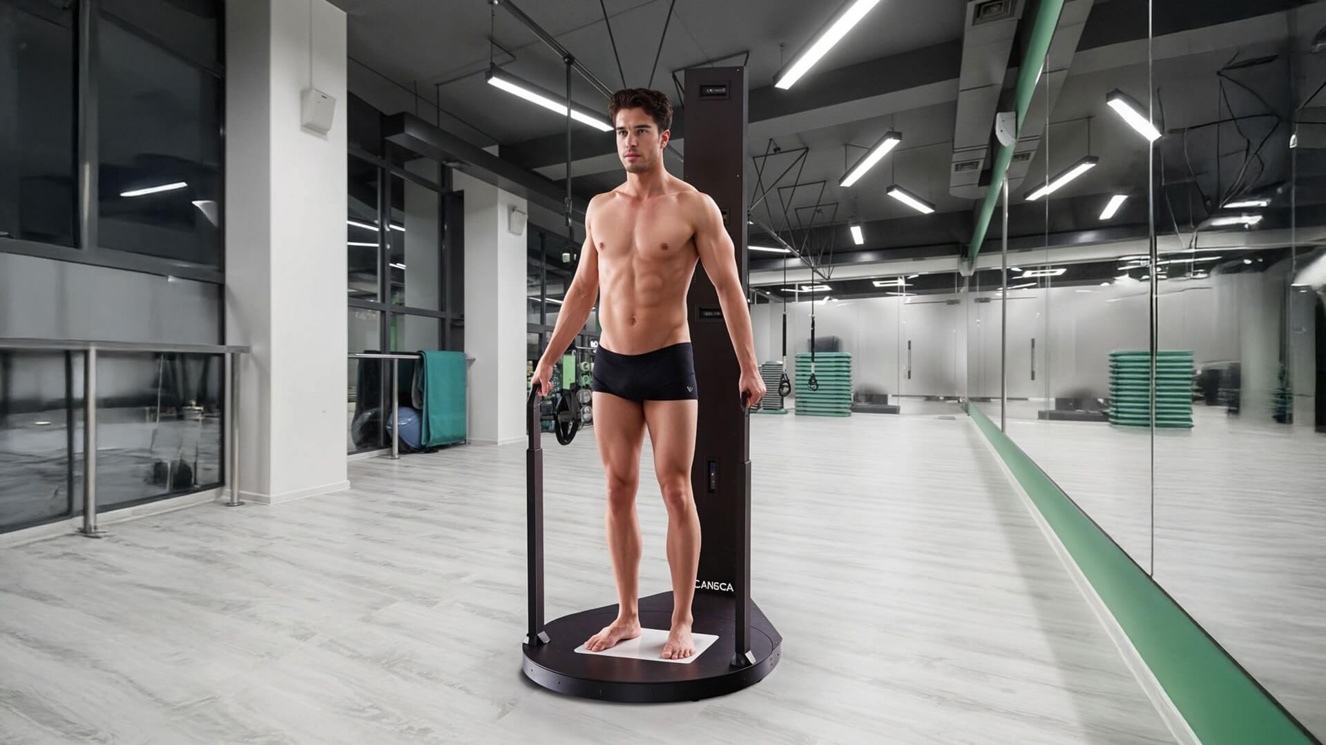 Mann steht in einem Fitnessstudio auf der Plattform eines 3D-Körperscanners
