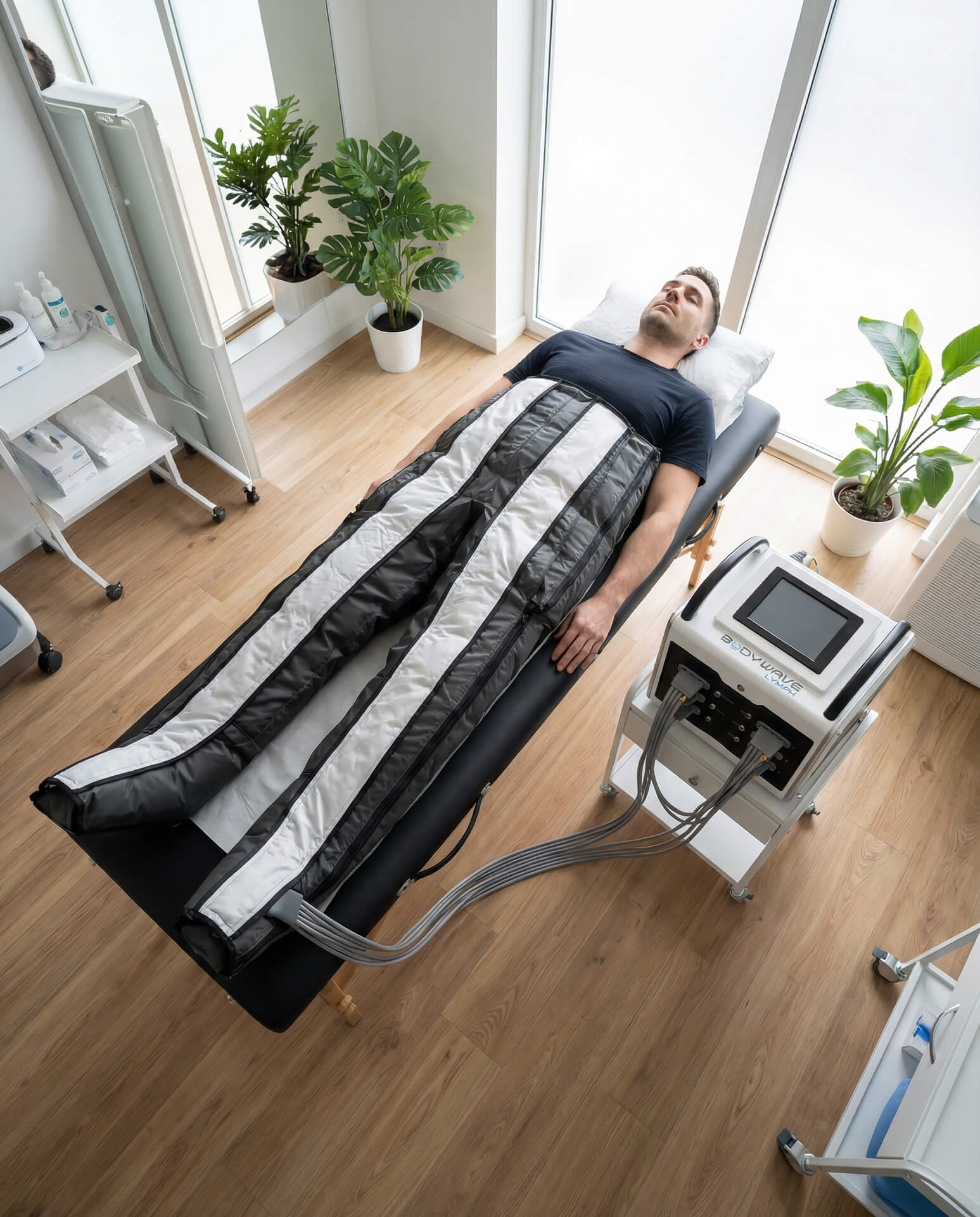 Mann liegt auf einer Liege mit Lymphdrainage-Hose, das Steuergerät steht daneben