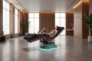 Frau entspannt auf einer ergonomischen Liege mit Holzrahmen und leuchtender blauer LED-Basis in einem hellen Holzraum.