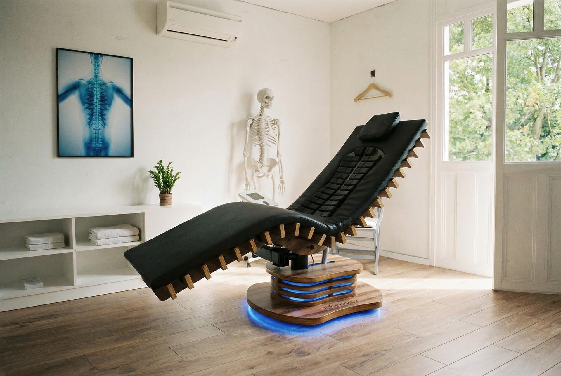 reLounge-Liege mit beleuchtetem Sockel in einem Physiotherapieraum