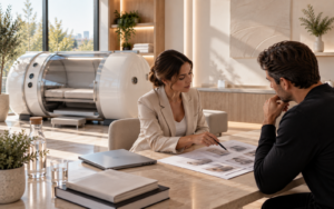 Commercial hyperbaric chamber consultation in a modern wellness clinic