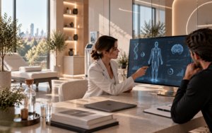 Artificial intelligence analyzing health data in a modern longevity medicine clinic