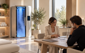 Cryotherapy machine investment consultation in a modern wellness clinic