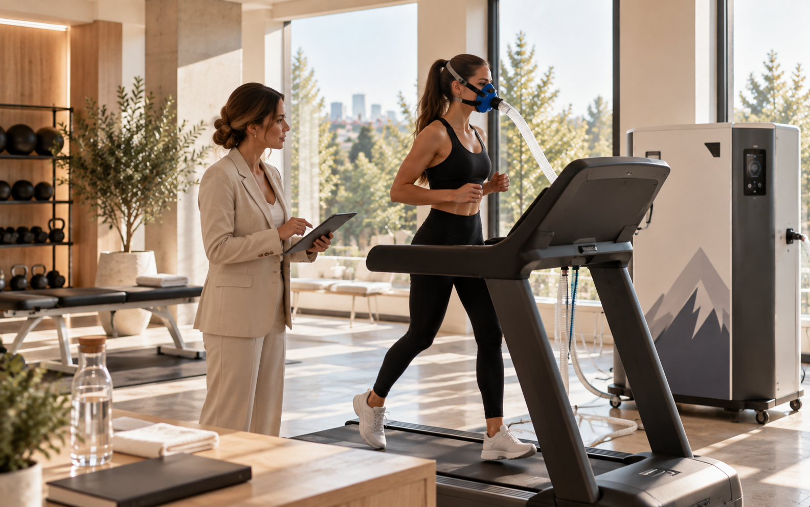 Altitude training equipment with respiratory mask and treadmill in a modern clinic
