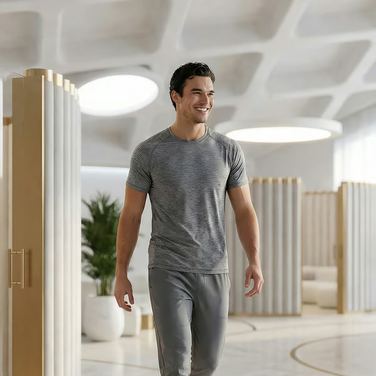 Lächelnder Mann im Sport-Outfit geht durch ein helles Wellness-Interieur