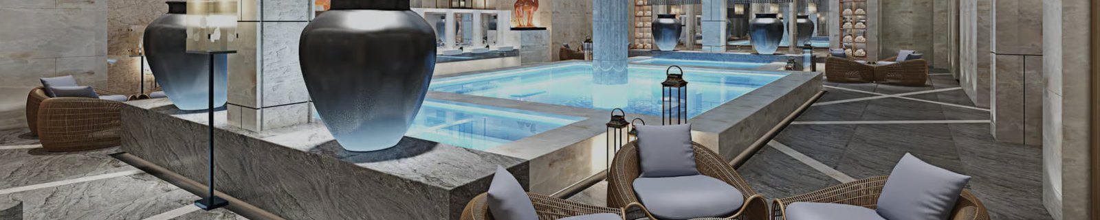 Panoramablick über einen Spa-Bereich mit Pool, Vasen und Loungezone