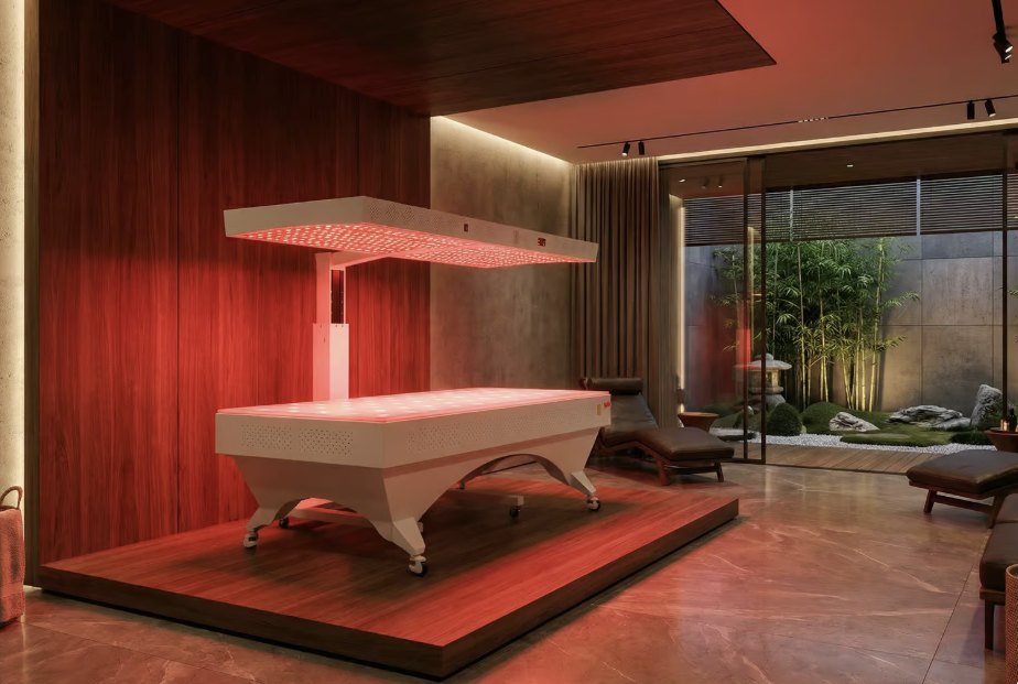 Lumivera-Liege mit rot leuchtender Fläche und Panel darüber in einem Spa-Raum mit Blick in den Garten
