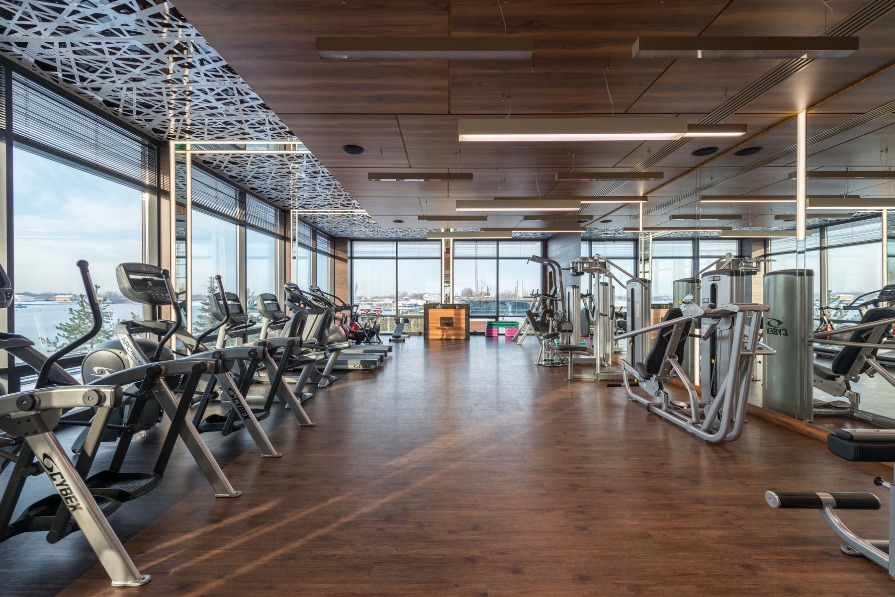 Moderner Fitnessclub mit Cardio-Geräten an der Fensterfront, Holzboden und Kraftbereich im Hintergrund
