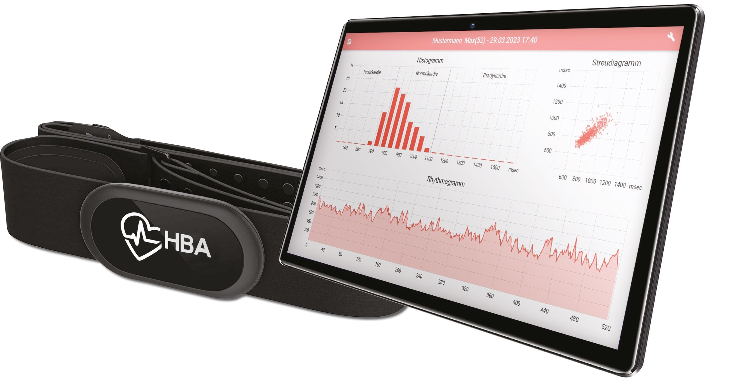 Brustgurt des Heart Beat Analysis System neben einem Tablet mit HRV-Diagrammen