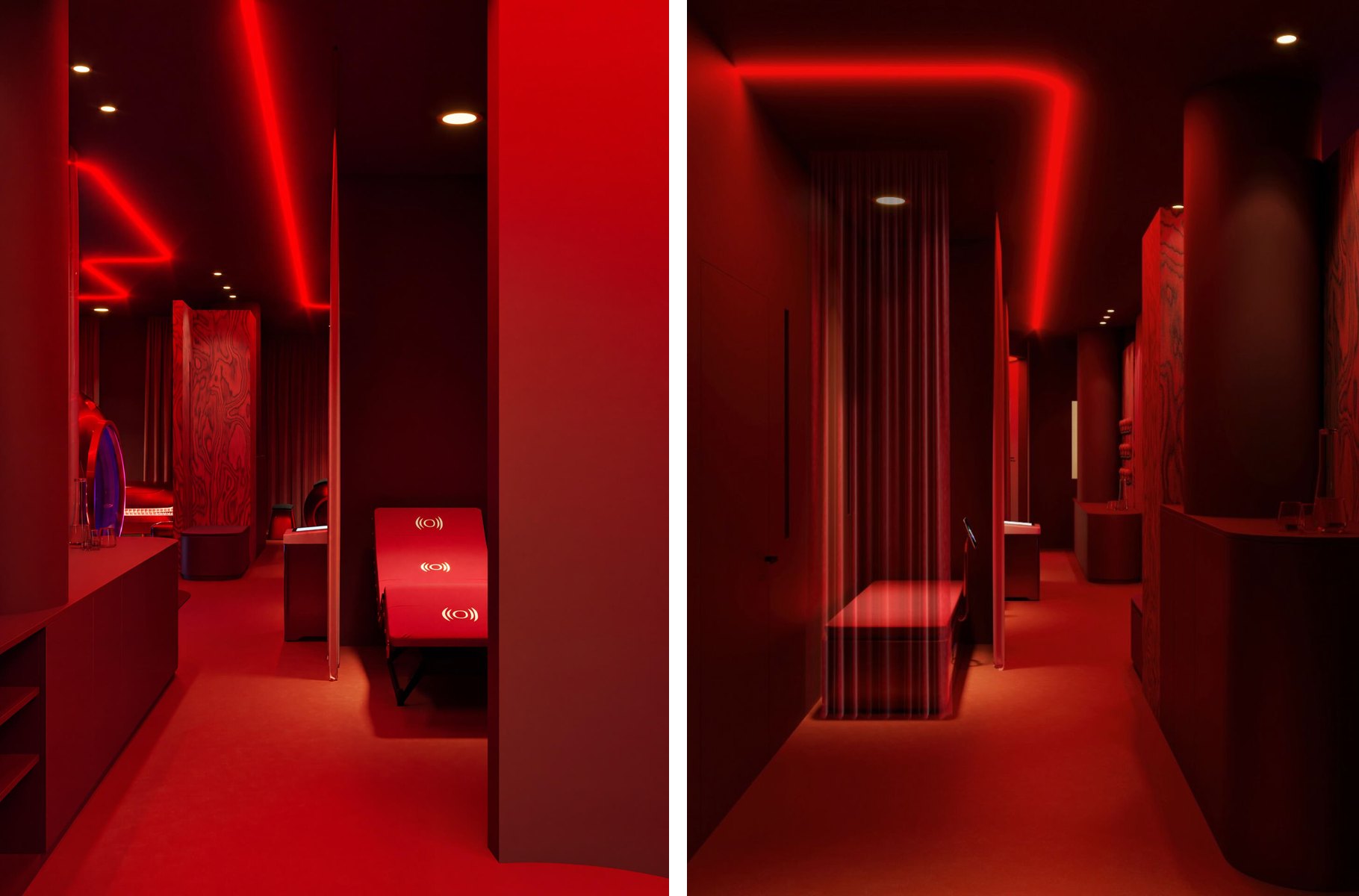 Two corridors with red-lit application cabins in the HF Concepts showroom